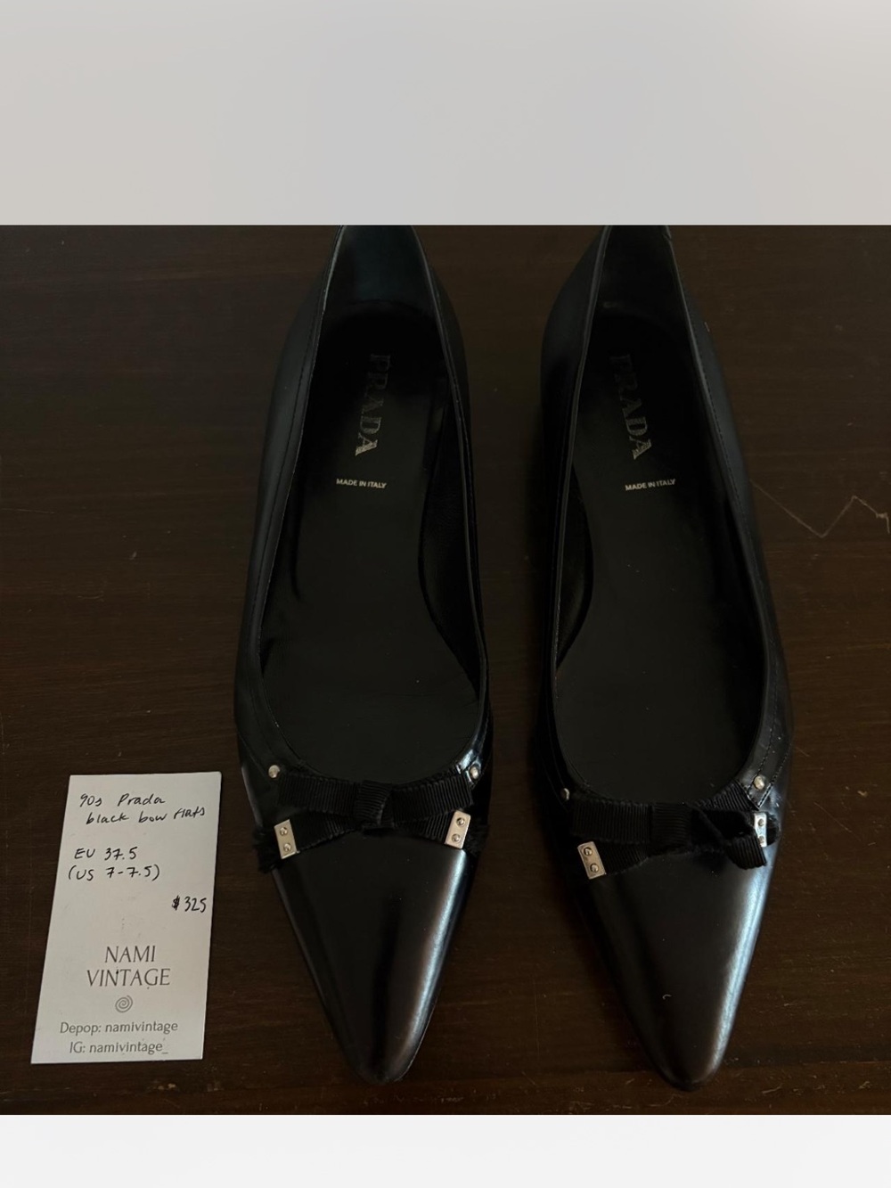 Prada Black Pointed Leather Bow Flats